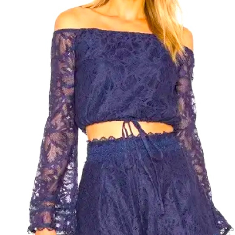 LOVERS + FRIENDS Navy Lady Love Crocheted Lace Off-the-Shoulder Top NWT Size S